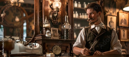 Classic Barber Preparing Tools in Vintage Barbershop with Rich Wood Furnishings