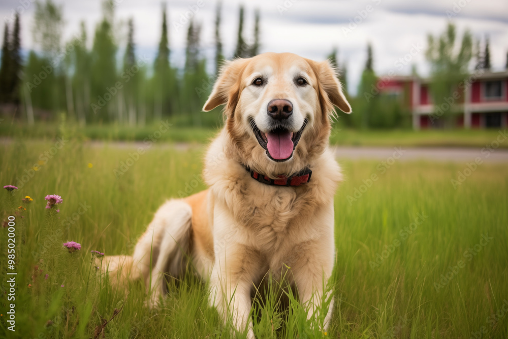 miling Golden Retriever Sitting in a Lush Green Field with Trees and a Suburban Background miling Golden Retriever Sitting in a Lush Green Field with Trees and a Suburban Background