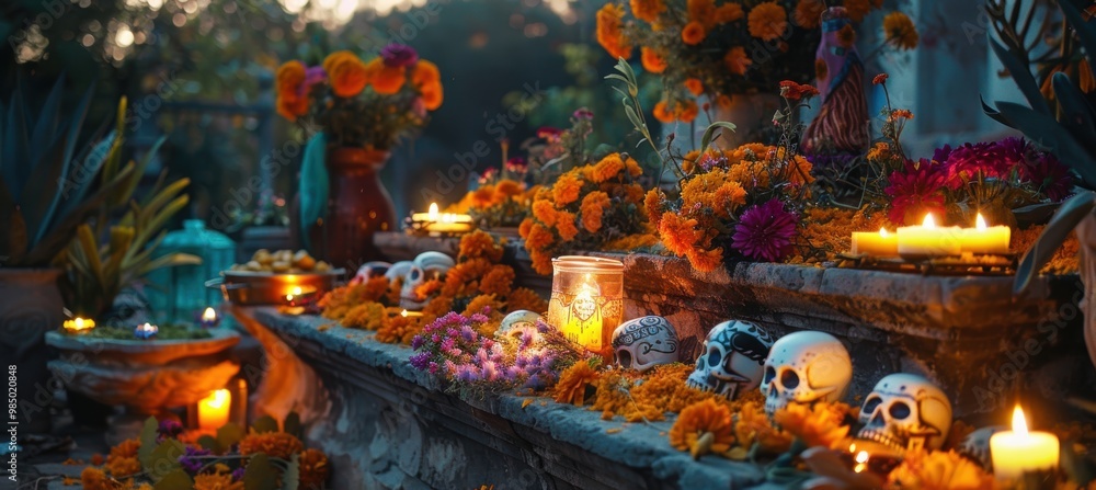 Vibrant Day of the Dead Altar with Marigolds, Candles, and Traditional Mexican Items at Sunset Vibrant Day of the Dead Altar with Marigolds, Candles, and Traditional Mexican Items at Sunset