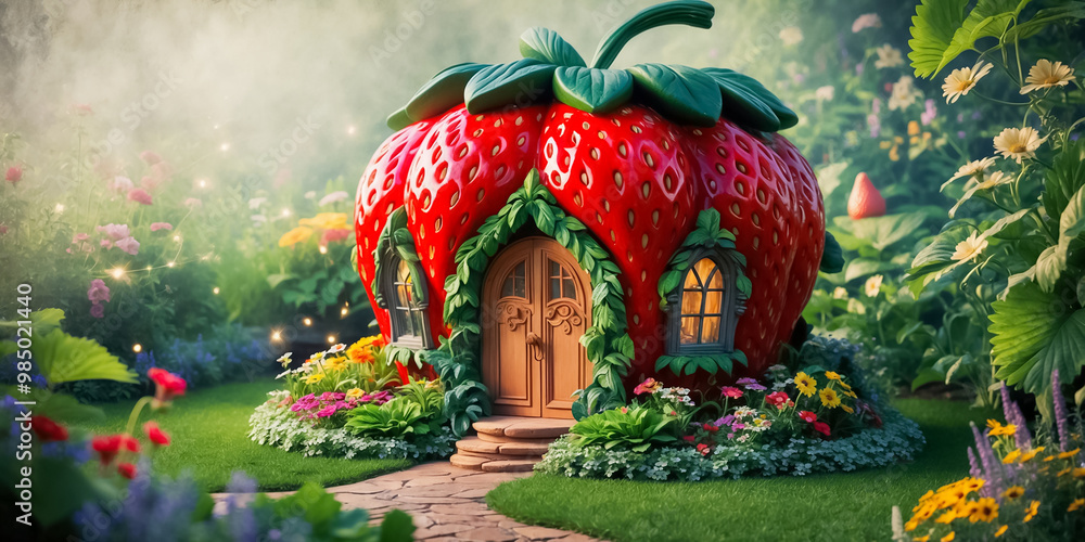 Beautiful fairytale house - strawberry, mysterious garden Beautiful fairytale house - strawberry, mysterious garden