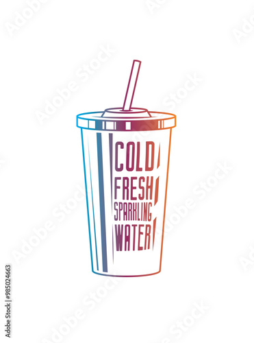 Fast food plastic cup with straw. Hot or cold drink. Original vector illustration in vintage style.