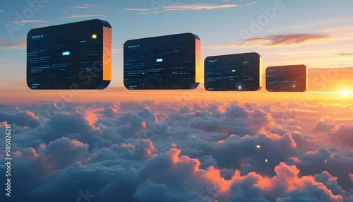 Futuristic digital cloud computing concept showcasing floating data blocks in a serene sky at sunrise symbolizing growth and technology advancement. photo