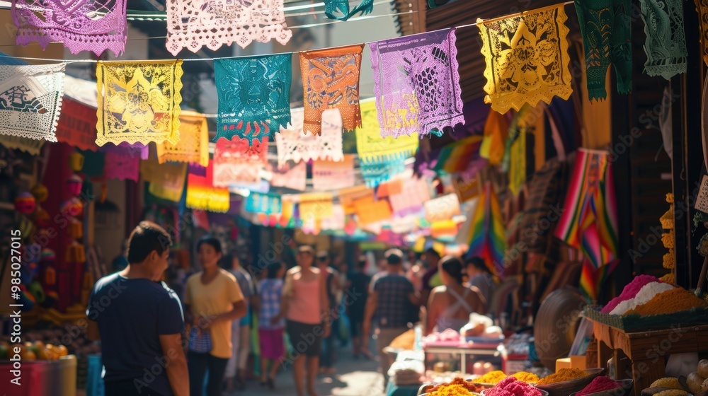 Colorful Mexican Street Festival with Papel Picado and Vibrant Market Stalls Colorful Mexican Street Festival with Papel Picado and Vibrant Market Stalls