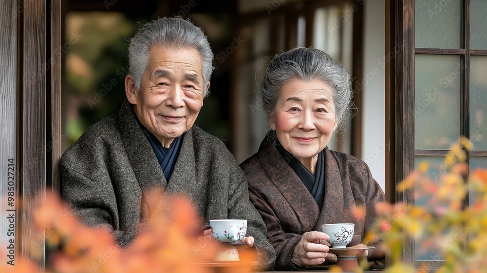 A refined elderly Asian couple enjoys tea at a traditional tea house, holding delicate teacups and surrounded by nature A refined elderly Asian couple enjoys tea at a traditional tea house, holding delicate teacups and surrounded by nature