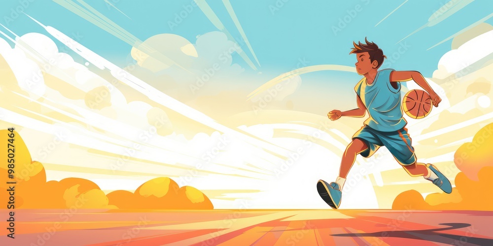 A young basketball player boy running and dribbling while training, basketball success and championship in cartoon style concept A young basketball player boy running and dribbling while training, basketball success and championship in cartoon style concept