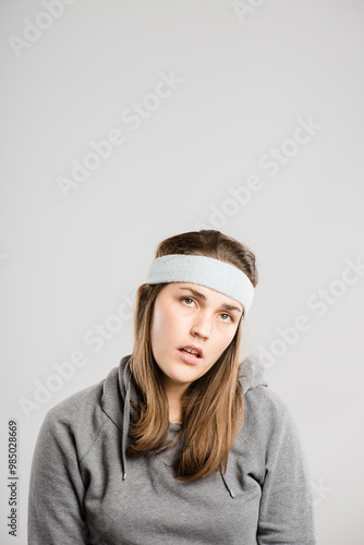 Woman, lost and annoyed face in studio for rude personality, negative reaction and bored with headband. Female person, ignore and disappointed facial expression on white background for frustrated