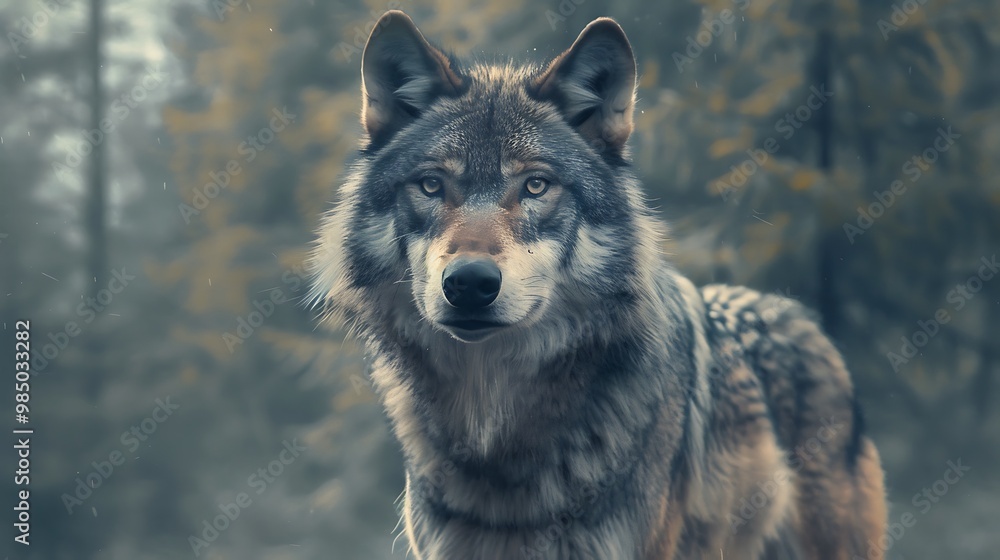 Close-up of a grey wolf with a powerful stance, fur rippling in the breeze, set against a dense forest background Close-up of a grey wolf with a powerful stance, fur rippling in the breeze, set against a dense forest background