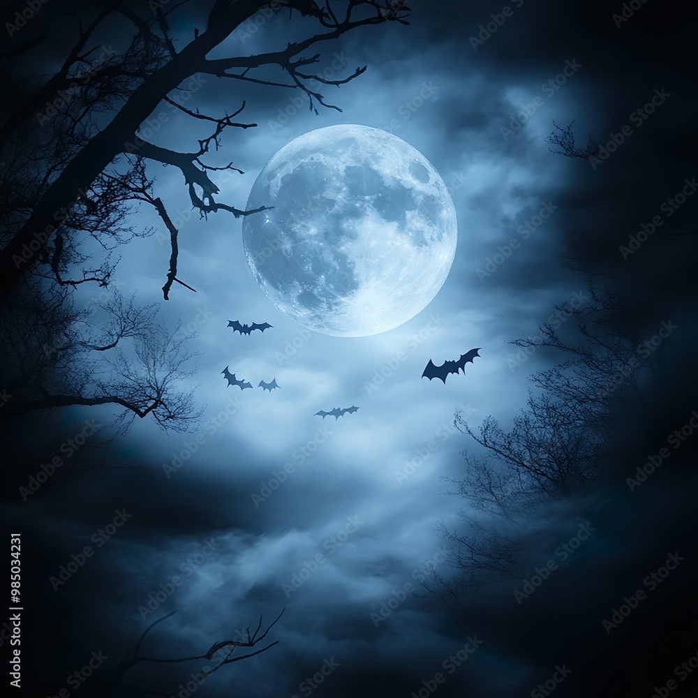 Haunted full moon Halloween night with bats and ghostly fog atmosphere picture Haunted full moon Halloween night with bats and ghostly fog atmosphere picture