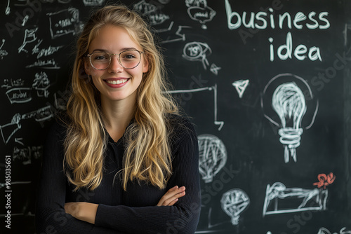 A cheerful blond businesswoman stands confidently in front of a chalkboard filled with creative ideas during a brainstorming session