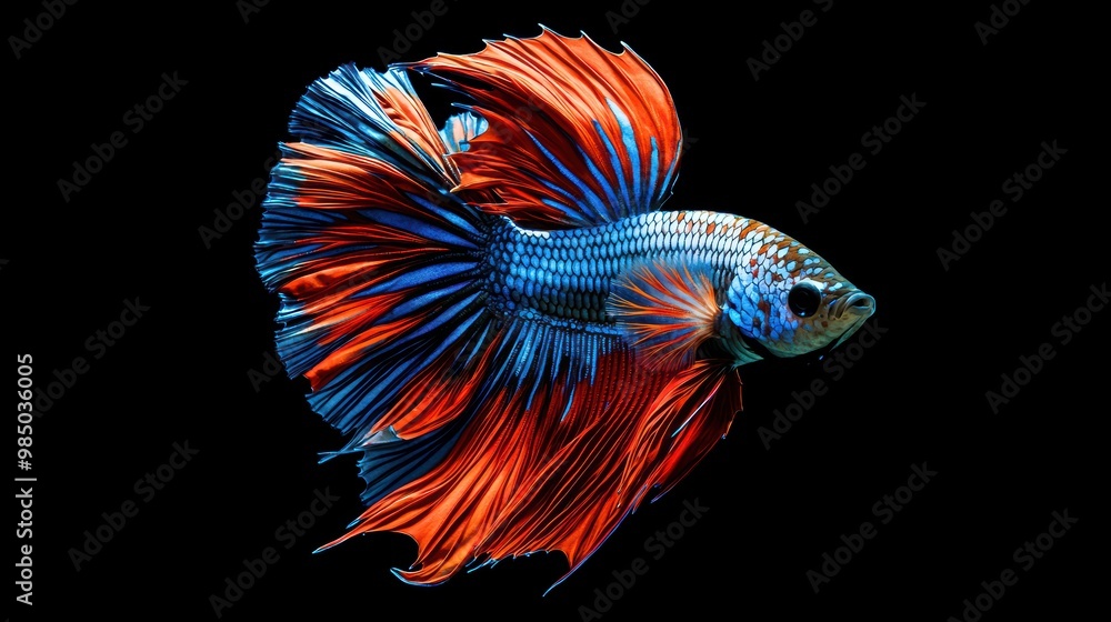 Vibrant Betta Fish in Striking Colors Against Black Background Vibrant Betta Fish in Striking Colors Against Black Background