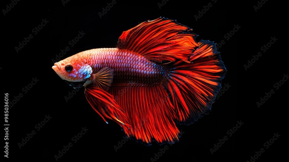 Fototapeta premium Vibrant Betta Fish Swimming Against Black Background