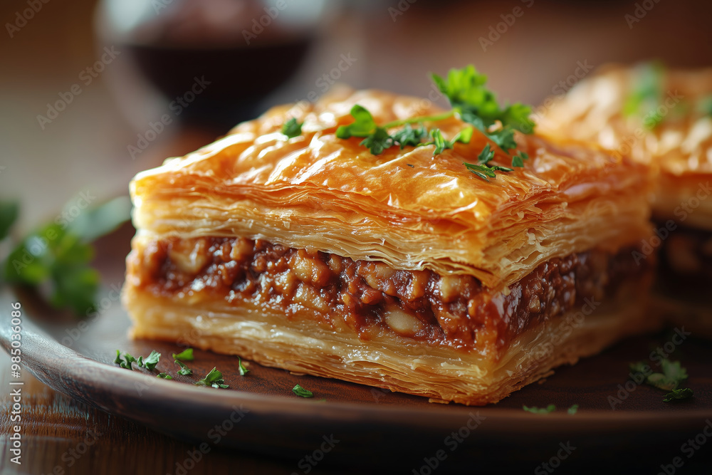 Delicious Turkish cold baklava served on a rustic wooden plate, garnished with fresh mint and nuts, ready to be enjoyed at a vibrant gathering Delicious Turkish cold baklava served on a rustic wooden plate, garnished with fresh mint and nuts, ready to be enjoyed at a vibrant gathering