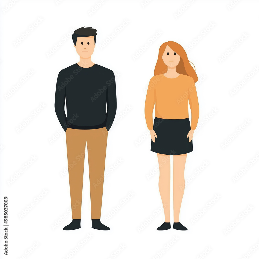 A modern couple standing side by side in casual attire, showcasing their unique styles and expressions in a bright, minimalist setting A modern couple standing side by side in casual attire, showcasing their unique styles and expressions in a bright, minimalist setting