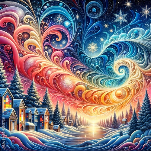 A swirling sky filled with multicolored patterns and stars illuminates a peaceful snowy village below. Pine trees and cozy houses create a serene winter scene under the celestial display. (Gen, A.I.)