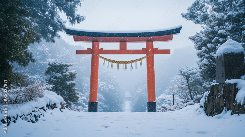 正月のしめ縄が飾られた雪の中の鳥居 正月のしめ縄が飾られた雪の中の鳥居