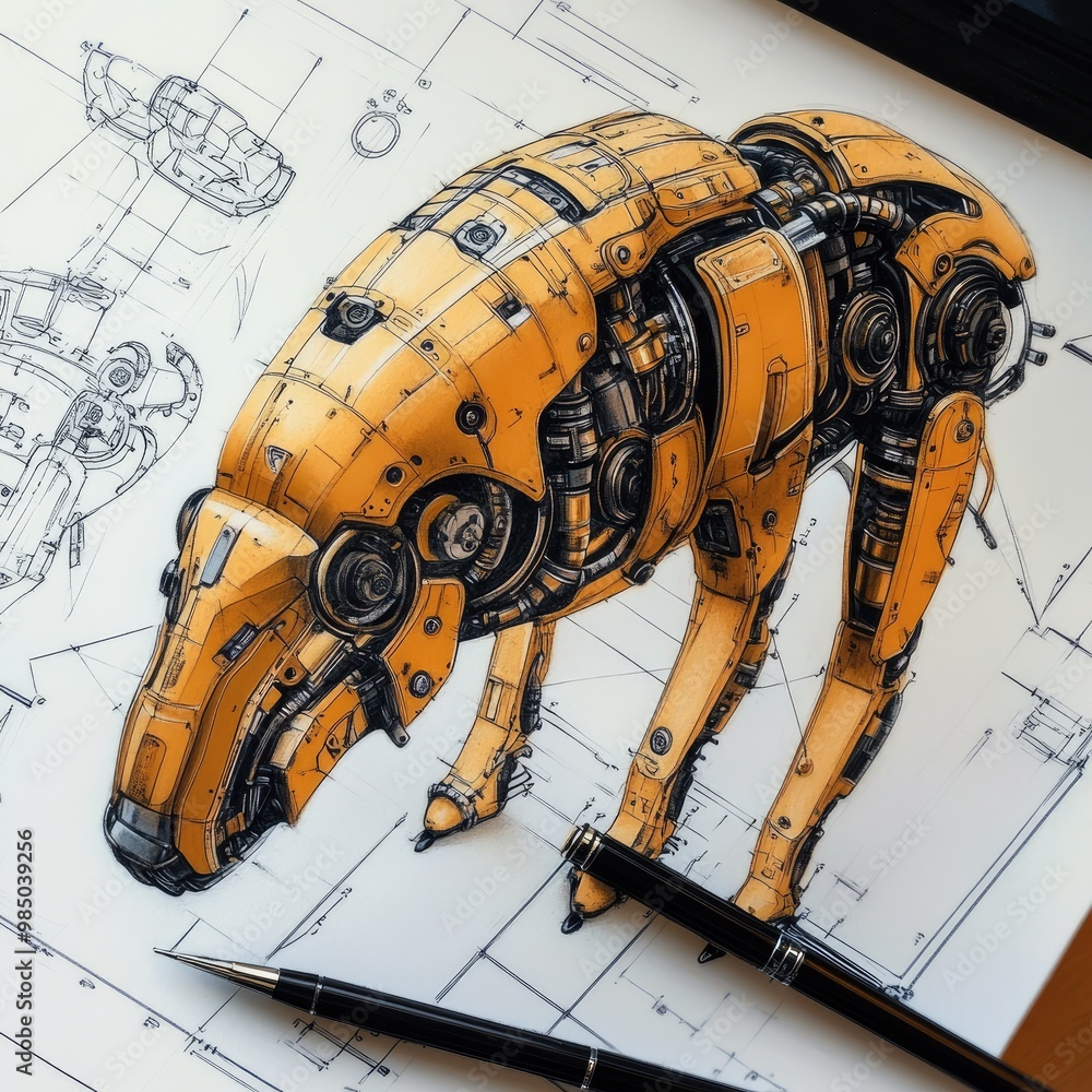 A detailed illustration of a robotic dog, with intricate mechanical details and a pen resting on a blueprint. A detailed illustration of a robotic dog, with intricate mechanical details and a pen resting on a blueprint.