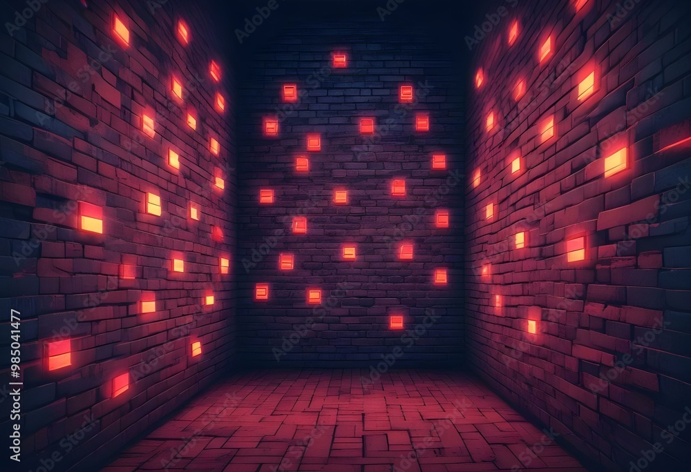 A weathered brick wall under vibrant Red and Yellow lighting during a sunset, creating a warm yet moody background., deep teal and light grey color scheme, volumetric lighting,dimensional 3D illuminat