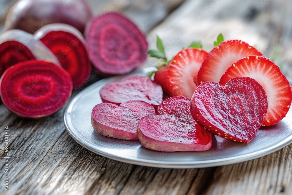 Organic beetroot and strawberry with heart shapes on plate Organic beetroot and strawberry with heart shapes on plate