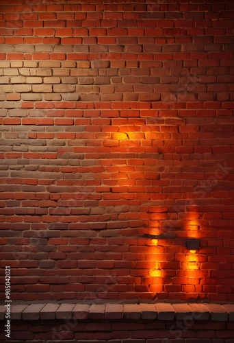 A weathered brick wall under vibrant Red and Yellow lighting during a sunset, creating a warm yet moody background., deep teal and light grey color scheme, volumetric lighting,dimensional 3D illuminat