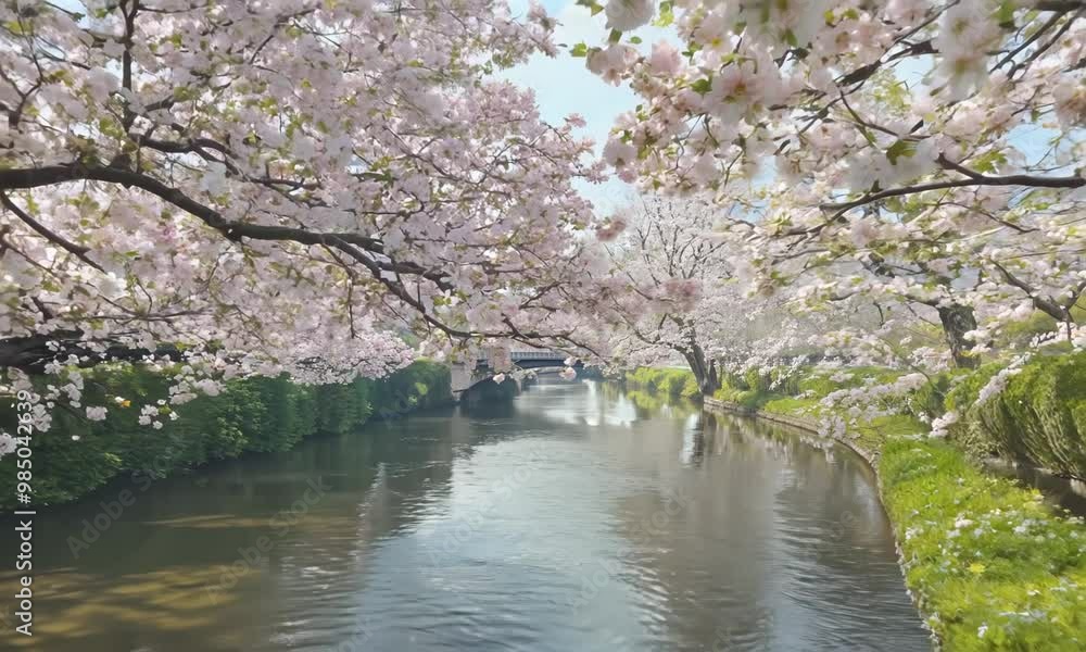 Spring blossom trees by a river Video hyperrealistic Spring blossom trees by a river Video hyperrealistic