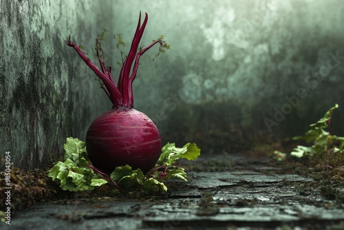 Red beetroot and green leaves on rustic background.