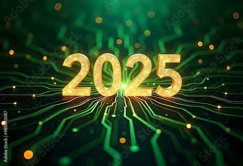 2025 text background featuring a digital circuit board design, with glowing lines and nodes radiating outward, in shades of green and gold create with ai