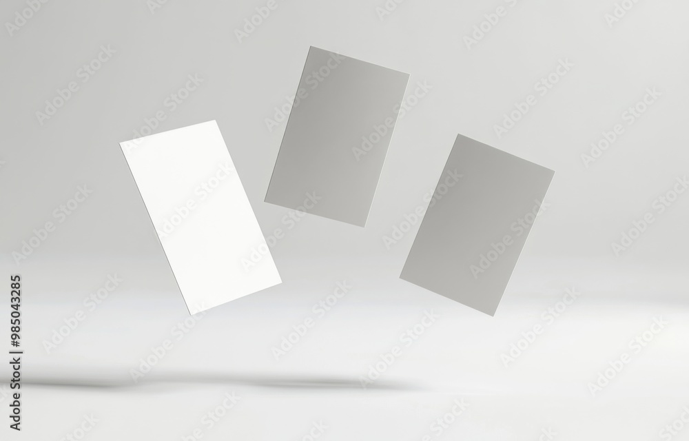three Blank Business Cards Floating in the Air on a White Background, Mockup Style three Blank Business Cards Floating in the Air on a White Background, Mockup Style