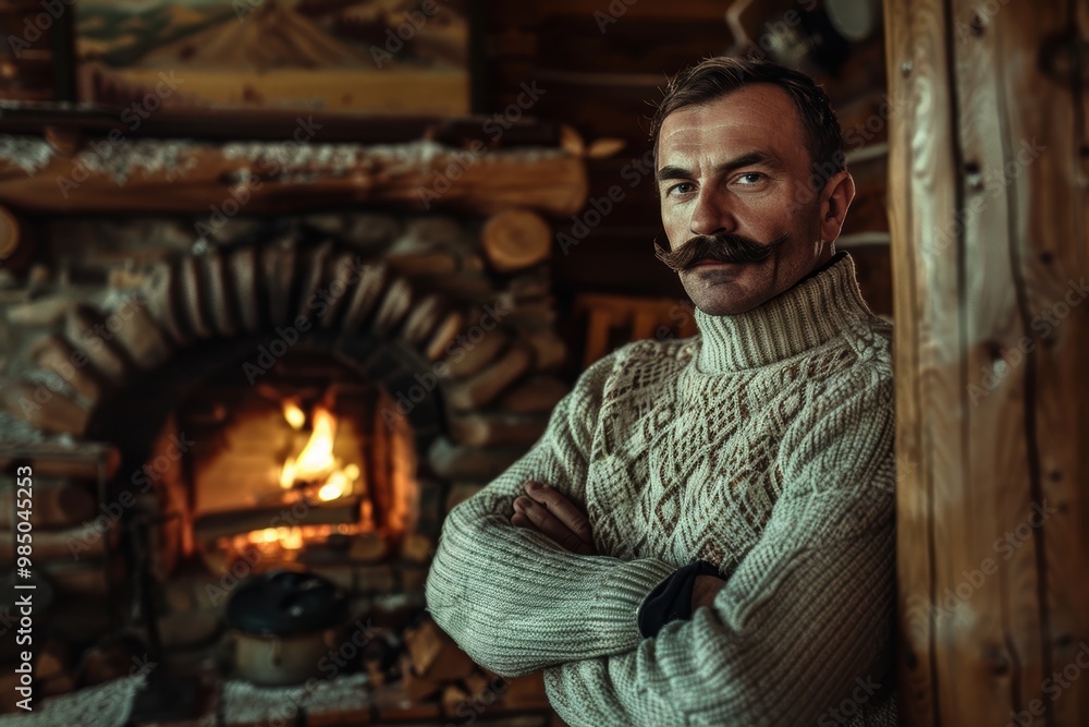 Obraz premium Cozy Winter Scene: Man with Mustache in Wool Sweater by Rustic Fireplace - Homely and Relaxed Atmosphere