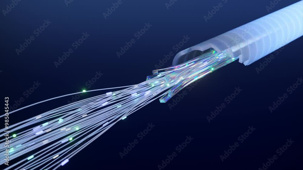 A close-up of glowing fiber optic cables in a dark setting ...
