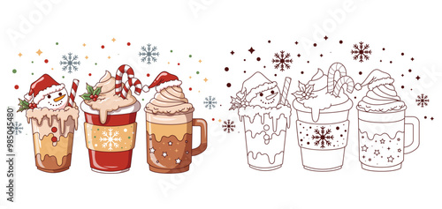 Christmas coffee latte illustration vector, holiday celebration, drink