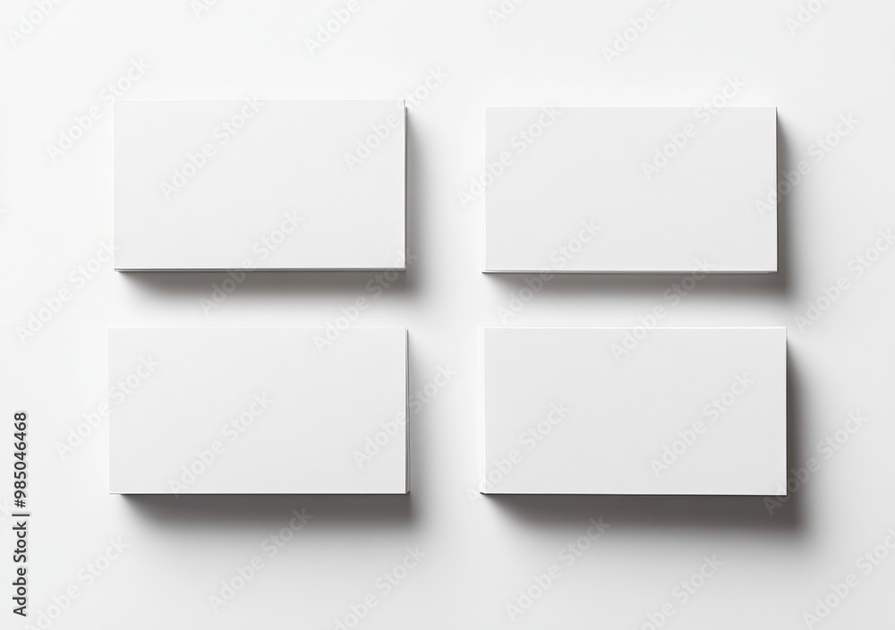 Top View of Four Blank Business Cards on a White Background with Soft Shadows, Ideal for Showcasing Designs or Branding Concepts. Top View of Four Blank Business Cards on a White Background with Soft Shadows, Ideal for Showcasing Designs or Branding Concepts.