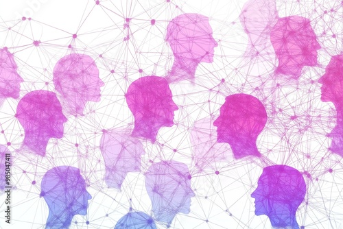 Illustration of interconnected heads with speech bubbles, symbolizing groupthink and propaganda in a networked design photo