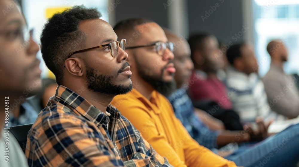 Diverse Group of Men Attending Wellness Seminar Focused on Mental Health and Self-Care, Modern Conference Room Diverse Group of Men Attending Wellness Seminar Focused on Mental Health and Self-Care, Modern Conference Room