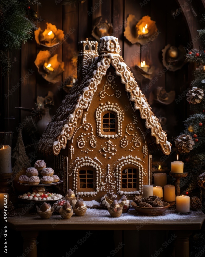 A festive setup featuring a beautifully decorated gingerbread house surrounded by assorted treats and warm candlelight, creating a cozy winter atmosphere A festive setup featuring a beautifully decorated gingerbread house surrounded by assorted treats and warm candlelight, creating a cozy winter atmosphere