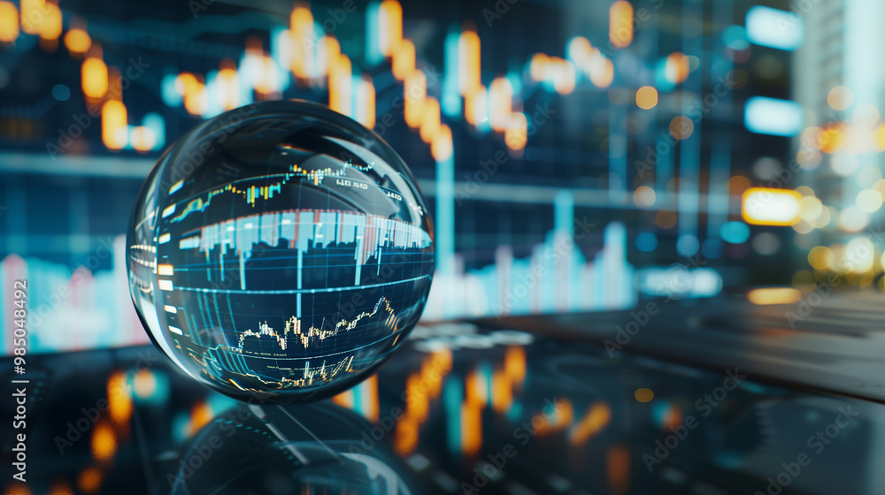 A close-up of a crystal ball reflecting subtle light in the foreground, with fluctuating stock market candlestick charts in the background, symbolizing the unpredictable nature of the stock market. A close-up of a crystal ball reflecting subtle light in the foreground, with fluctuating stock market candlestick charts in the background, symbolizing the unpredictable nature of the stock market.