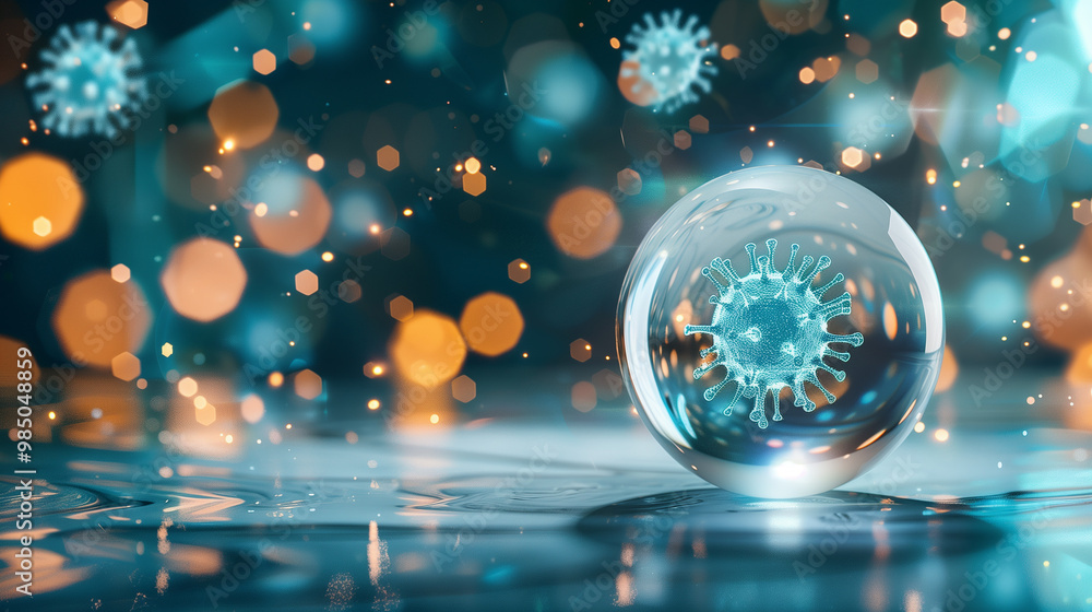 A glowing crystal ball sits in the foreground, surrounded by floating viruses and bacteria. The chaotic shapes highlight the unpredictability of pandemics, underscoring humanity’s inability to disease A glowing crystal ball sits in the foreground, surrounded by floating viruses and bacteria. The chaotic shapes highlight the unpredictability of pandemics, underscoring humanity’s inability to disease