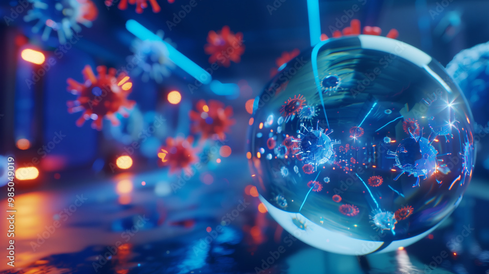 A glowing crystal ball sits in the foreground, surrounded by floating viruses and bacteria. The chaotic shapes highlight the unpredictability of pandemics, underscoring humanity’s inability to disease A glowing crystal ball sits in the foreground, surrounded by floating viruses and bacteria. The chaotic shapes highlight the unpredictability of pandemics, underscoring humanity’s inability to disease
