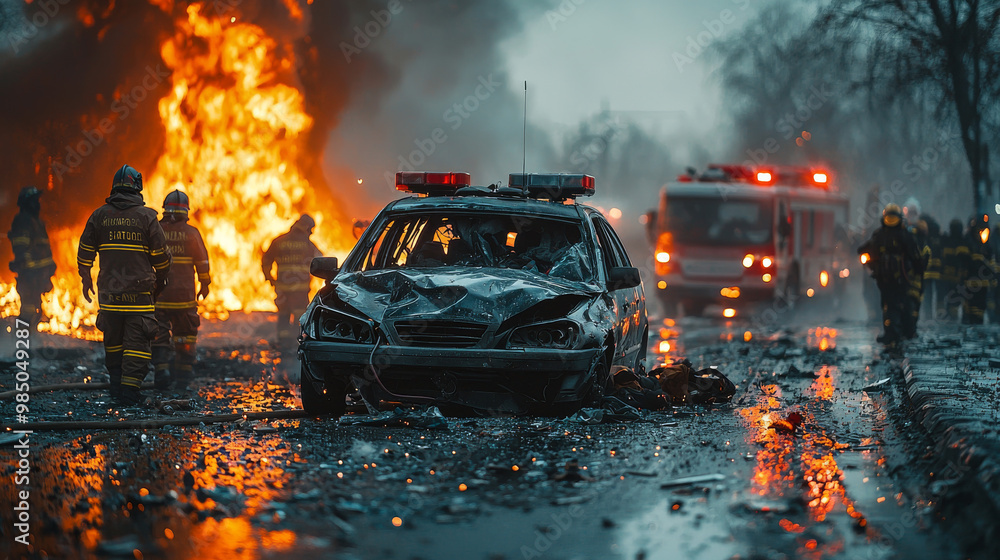 A destroyed car sits in the aftermath of a fire, with firefighters working nearby. A destroyed car sits in the aftermath of a fire, with firefighters working nearby.