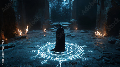 A demonic figure summoning spirits through a ritual circle drawn on the ground. photo