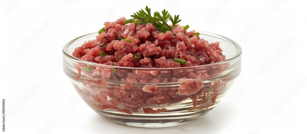 Raw Forcemeat In Glass Bowl Isolated On White Background Raw Forcemeat In Glass Bowl Isolated On White Background