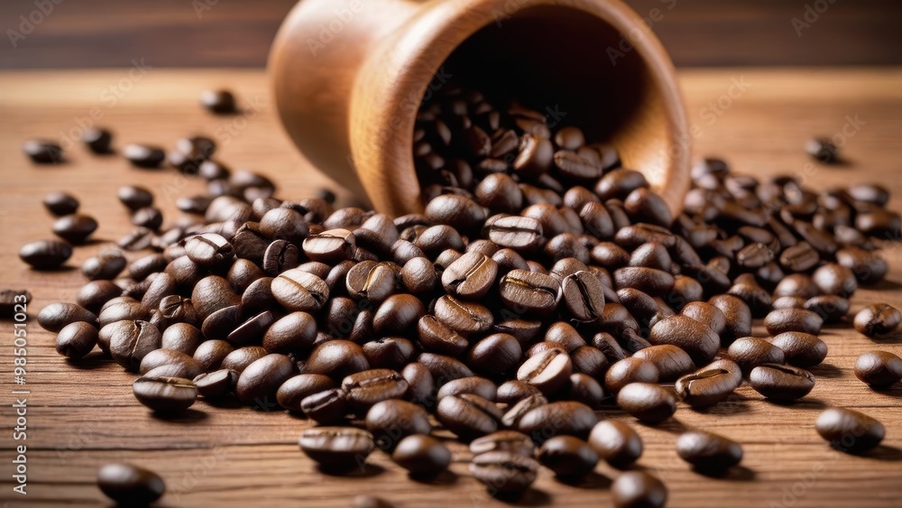 Fototapeta premium A wooden container spills roasted coffee beans onto a wooden surface, highlighting their rich color and texture.