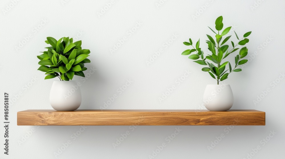 Modern Shelf with Green Plants in White Pots Modern Shelf with Green Plants in White Pots