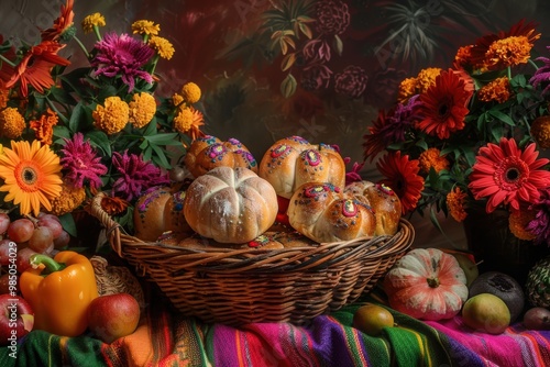 Vibrant Mexican Autumn Display with Pan de Muerto, Seasonal Fruits, and Colorful Flowers photo