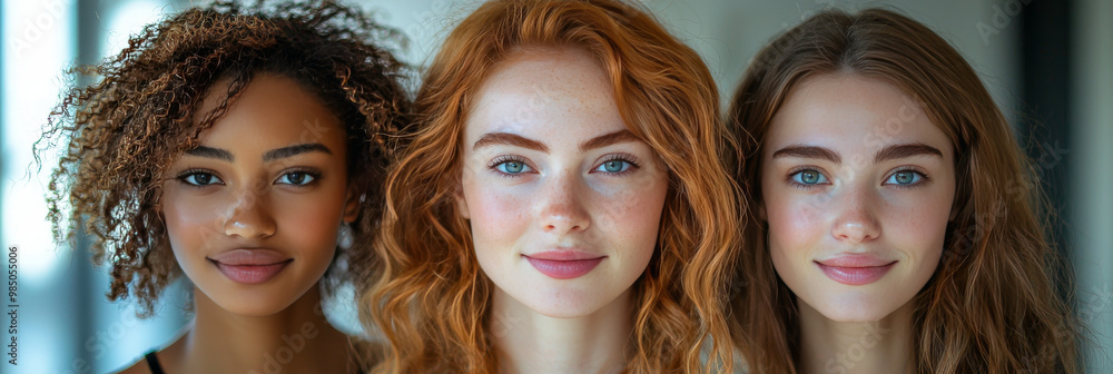 Obraz premium Three young women with different hair colors and ethnicities.