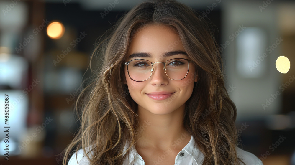 Young woman with brown hair smiling in glasses. Young woman with brown hair smiling in glasses.