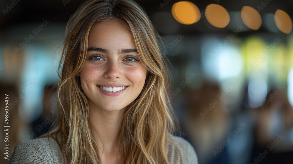 Obraz premium A young woman smiles brightly at the camera.