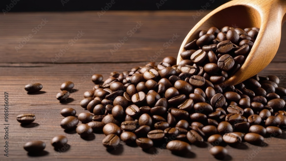 A wooden scoop spilling roasted coffee beans onto a wooden surface, highlighting the rich texture and color of the beans. A wooden scoop spilling roasted coffee beans onto a wooden surface, highlighting the rich texture and color of the beans.