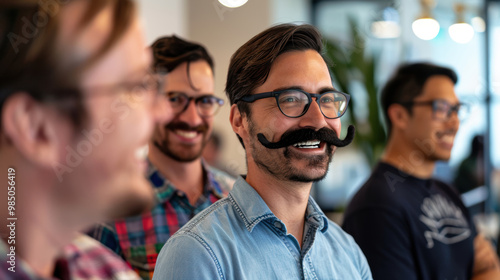 Professional Brainstorming Session with Movember Mustache Celebration in Modern Office