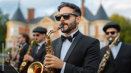 Jazz musicians performing in front of a haunted mansion during the Montreal Jazz Festival close up - Mysterious tunes in a spooky setting - surreal - Composite - Mansion backdrop photo