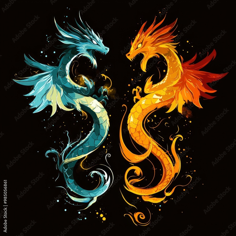 Water Dragon and Fire Dragon Facing Off Water Dragon and Fire Dragon Facing Off